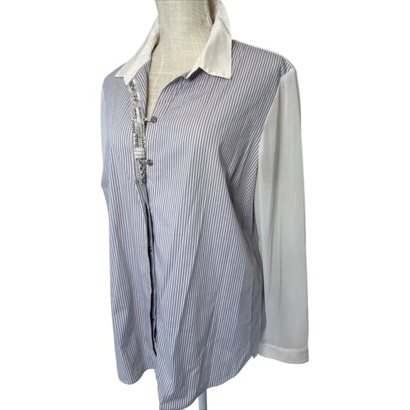 Chicos Black Label Womens Long Sleeve Striped Button-Up Shirt With White Collar - Picture 3 of 12
